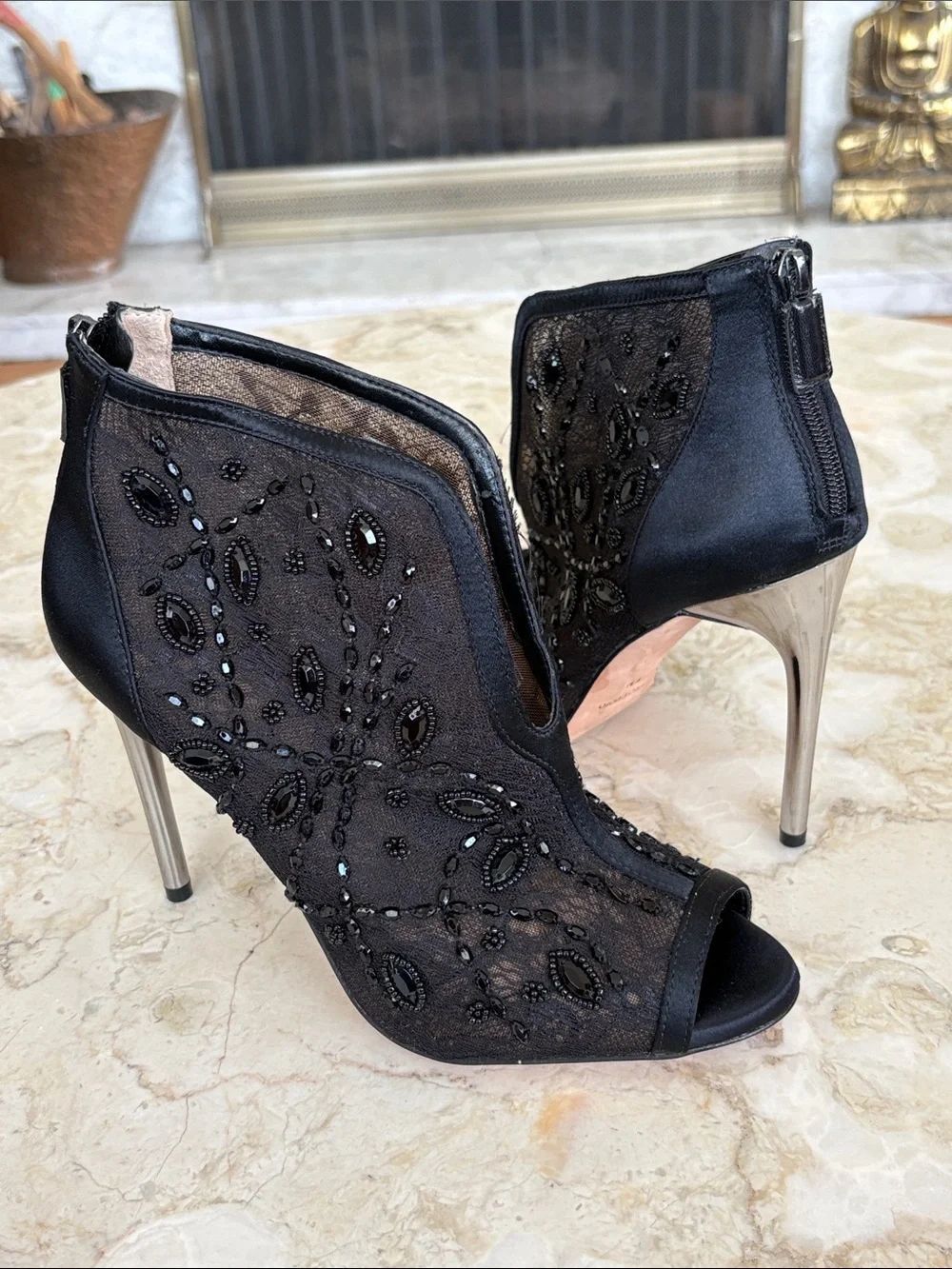 BCBGMAXAZRIA Deedie Black Beaded Lace Mesh Peep Toe Booties SilverStiletto Heel